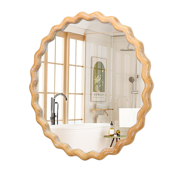 English Elm 27.5 Rustic Round Wavy Wall Mirror 27.5" Antique Natural Farmhouse Distressed Wood Frame Vintage Shine W2295P306932
