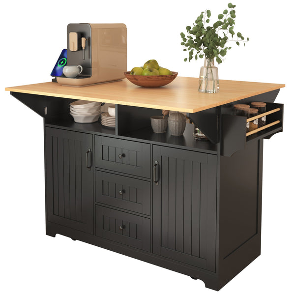 English Elm K&K Convertible 55.7" Folding Kitchen Island Cart with Power Outlet, Spice Rack, 5 Wheels, Multi-Use Black N707P186617B