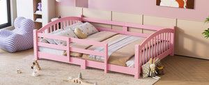 English Elm Full Montessori Pine Wood Floor Bed with Safety Rails Low Profile Kids Room Frame Pink N733P400299H