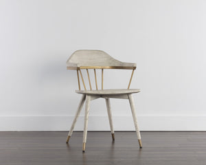 Sunpan DEMI Dining Armchair – Elegant Grey Upholstered Chair with Solid Oak Base & Antique Brass Accents 107288