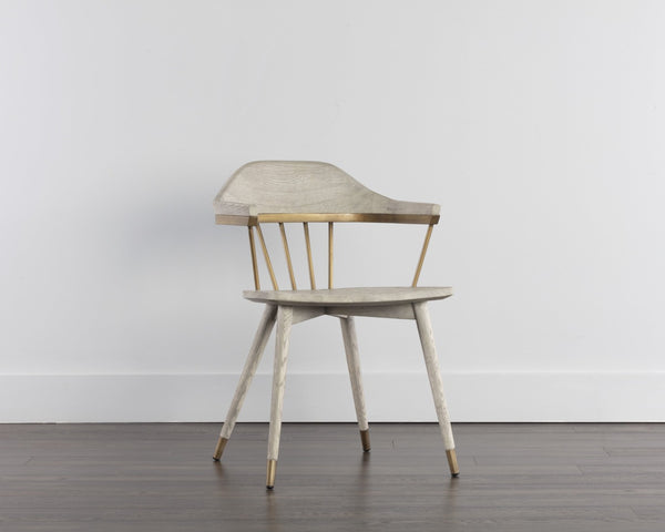 Sunpan DEMI Dining Armchair – Elegant Grey Upholstered Chair with Solid Oak Base & Antique Brass Accents 107288