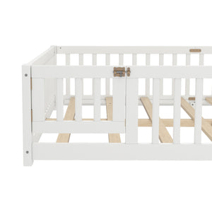 English Elm Queen Kids Floor Bed with Safety Guardrails and Door for Independent Sleep, Pine Frame, 82.7"x62.6" White W1580P338953