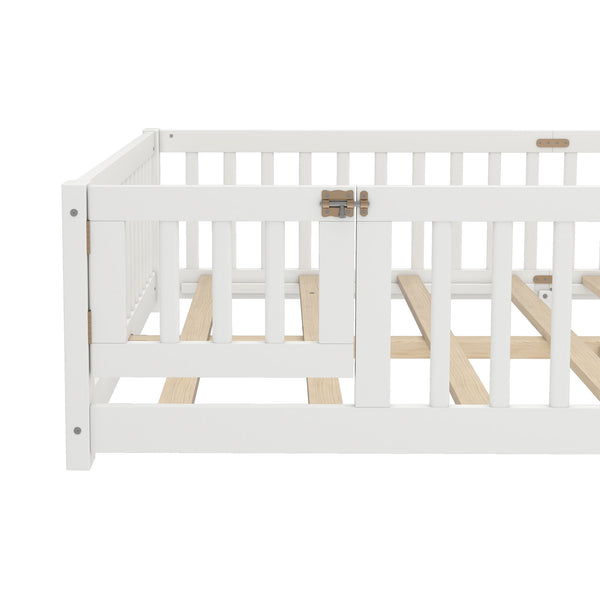 English Elm Queen Kids Floor Bed with Safety Guardrails and Door for Independent Sleep, Pine Frame, 82.7"x62.6" White W1580P338953