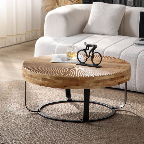 English Elm Modern Round Pine Coffee Table with Carved Wood Top and Sleek Metal Legs for Stylish Living Spaces Natural+Black W757P186923