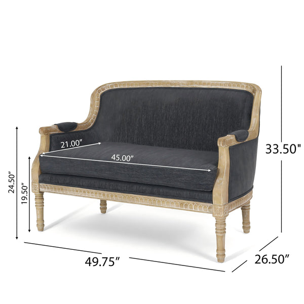 English Elm Loveseat French Country Style Turned Legs Padded Upholstery Compact Sitting Room Sofa 71063.00CHAR