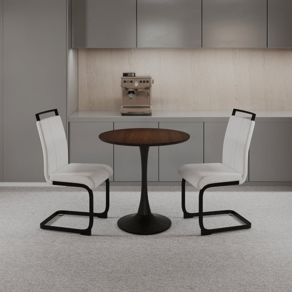 English Elm 31.5" Walnut Tulip Dining Table Set For 2-4 With White Pu Chairs And Black Metal Legs - Space-Saving Elegance W2189S00114