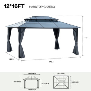 English Elm 12' X 16' Gazebo Hardtop Canopy With Netting & Curtains - Stylish Aluminum Pavilion For Outdoor Events W765S00009
