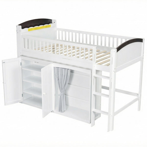 English Elm Twin Loft Bed with Wardrobe Cabinet Led Lighting and Pine Frame for Kids Rooms White N7090002235K