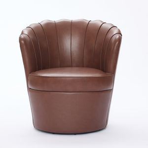 English Elm Brown Petal Swivel Chair - 360° Metal Base, Top-Grain Leather Wingback, Fluted Curved Accent Seat for Home Office Comfort and Style W570P375742