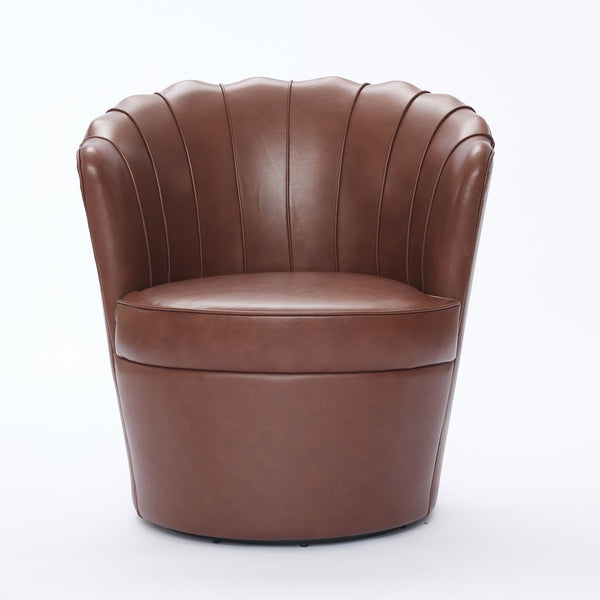 English Elm Brown Petal Swivel Chair - 360° Metal Base, Top-Grain Leather Wingback, Fluted Curved Accent Seat for Home Office Comfort and Style W570P375742