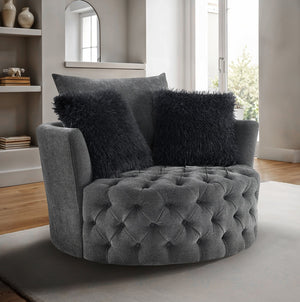 English Elm Dark Gray Channel Tufted Swivel Chair 360° Rounded Barrel Design with Curved Arms and Pillow Comfort B2741P400835