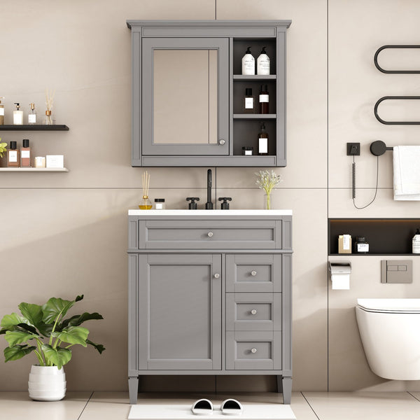 English Elm 30'' Modern Bathroom Vanity Set With Mirror, Stylish Freestanding Cabinet, Ample Storage & Sink SW000127AAE-1
