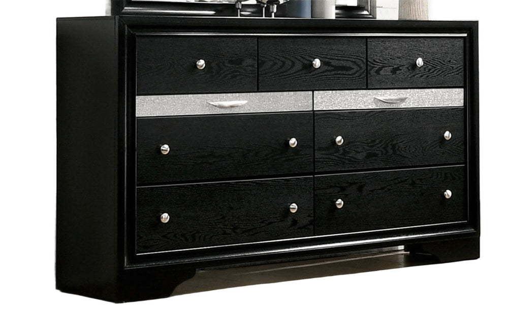 English Elm Black Dresser w Mirror Set – Gleaming Black Finish, Silver Accents, Hidden Jewelry Drawer, 63"W Elegance B2741S00553