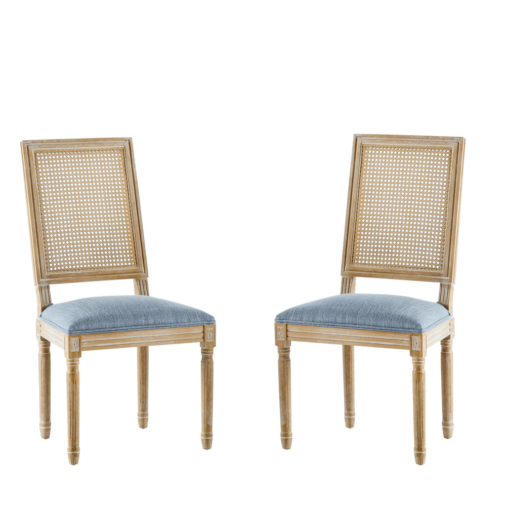 English Elm Christopher Knight Home® - [Set Of 2] Vintage French Country Dining Chairs - Cane Backrest, Upholstered Slate Blue Seats & Fluted Legs N767P263678D