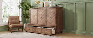 English Elm Queen Cabinet Murphy Bed Pine Wood Frame Geometric Panel Usb Charging Guest Room W504S00306