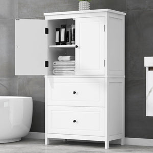 English Elm Bathroom Storage Cabinet with Two Doors and Drawers, Adjustable Shelf, MDF Finish, Slim 28"L x 15"W White N725P188460K