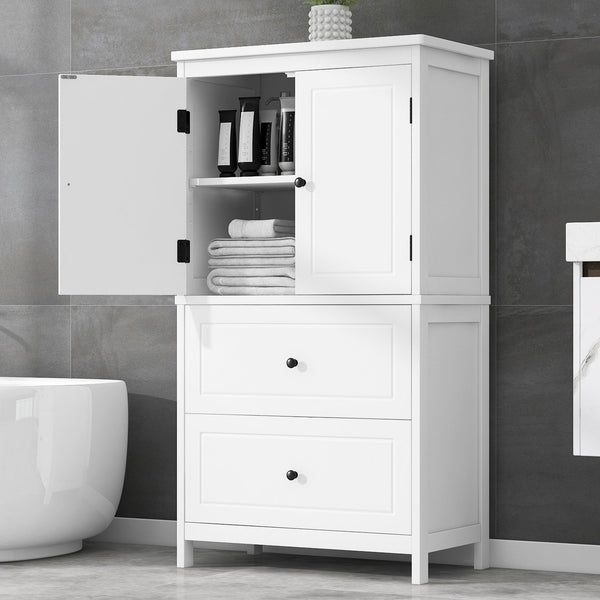 English Elm Bathroom Storage Cabinet with Two Doors and Drawers, Adjustable Shelf, MDF Finish, Slim 28"L x 15"W White N725P188460K
