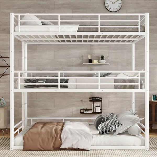 English Elm Twin Triple Metal Bunk Bed Matte Powder Coated Frame with Full Safety Guardrails Light White W1580S00581