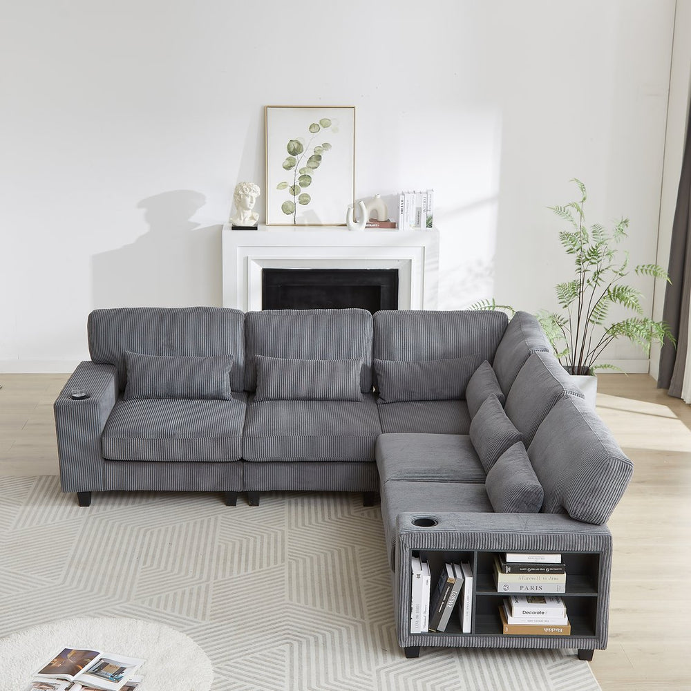 English Elm 102.75*102.75" L-Shaped Modular Sectional Sofa with Corduroy Upholstery, Storage Arm, Cup Holder, 5-Seat Convertible Lounge Grey W1926S00055