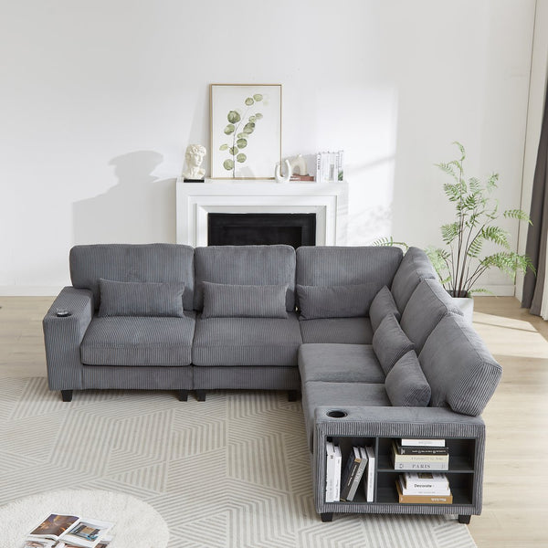 English Elm 102.75*102.75" L-Shaped Modular Sectional Sofa with Corduroy Upholstery, Storage Arm, Cup Holder, 5-Seat Convertible Lounge Grey W1926S00055