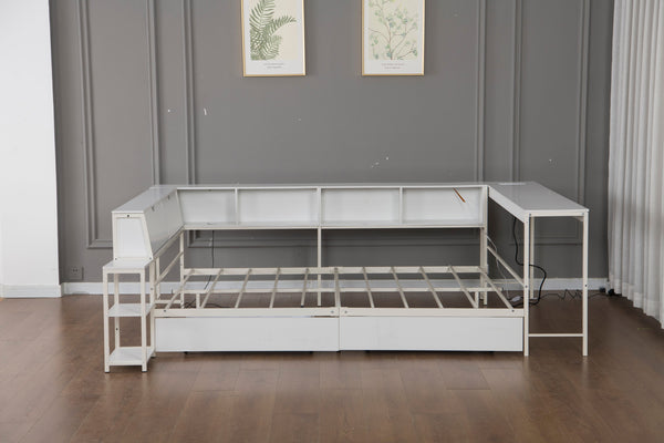 English Elm Corner Queen Platform Bed with Led Lighting Bookcase Shelving and Underbed Storage Drawers Ancient White W1670S00035