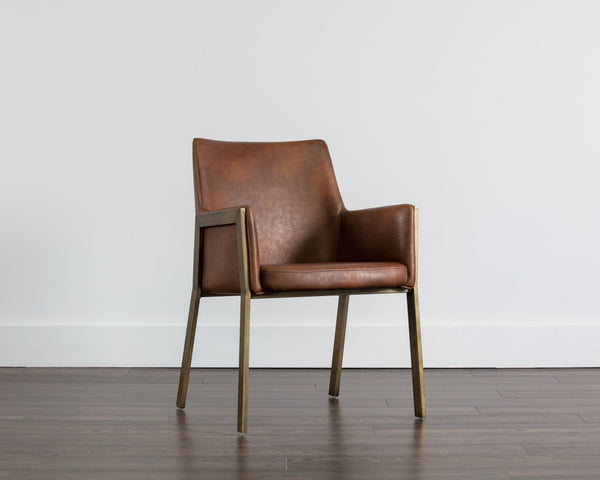 Sunpan Bernadette Dining Armchair – Elegant Design with Antique Brass Frame and Durable Faux Leather Upholstery Bravo Cognac