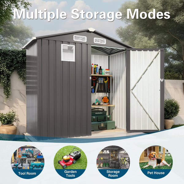 English Elm 6x Galvanized Steel Outdoor Storage Shed with Peaked Roof Skylight and Lockable Door W3213P309350