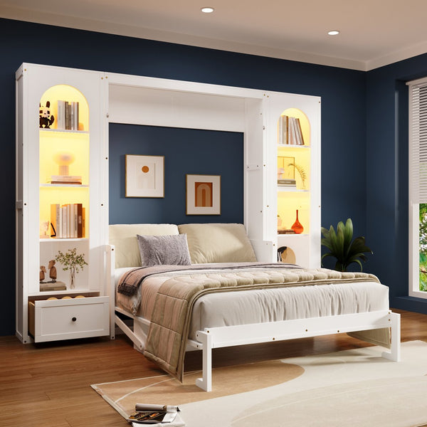 English Elm Queen Murphy Bed with Led Lighting Side Cabinets Shelving and Fold Down Desk Panel White N7090002226K-1
