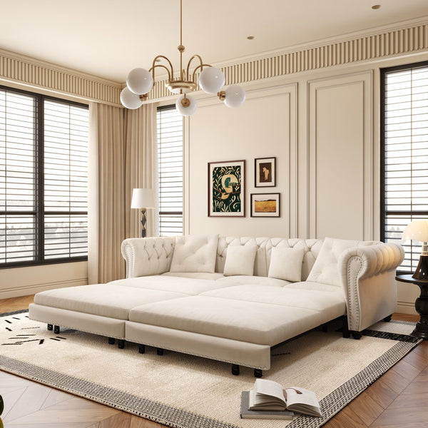 English Elm Chesterfield 3-In-1 Convertible Sofa Bed, Elegant Tufted Velvet Sleeper, Chaise Lounge & Ottoman Set W1885S00177