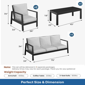 English Elm 4-piece Outdoor Conversation Set with Powder-coated Aluminum Frame and Plush Deep Cushions Black+Grey B082S00102
