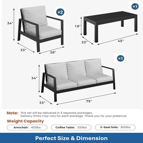 English Elm 4-piece Outdoor Conversation Set with Powder-coated Aluminum Frame and Plush Deep Cushions Black+Grey B082S00102