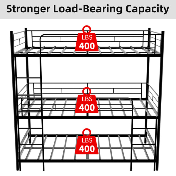 English Elm Heavy-duty Triple Bunk Bed Steel Frame with Full Guardrails and Dual Ladders Black W1935S00005