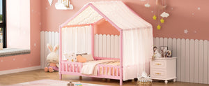 English Elm Montessori House Bed Frame Twin with Canopy & Full Guardrails, Cozy Kids Platform Bed for Toddlers Pink 77.8 L x 17.25 W x 7 H N733P356048H