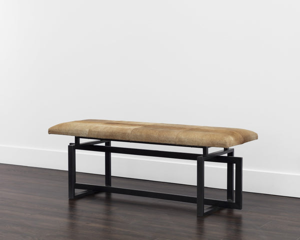 Sunpan PILAR Bench - Artisan-Crafted, Hand-Stitched Brown Cowhide on Sleek Black Iron Frame, Unique Design 108187