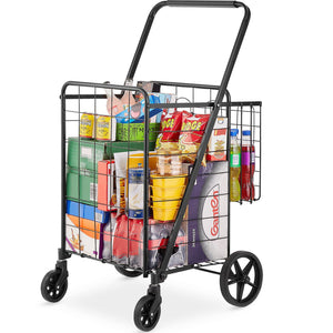 English Elm Folding Utility Cart with Dual Baskets Iron Frame 110 Lb Capacity Swivel Wheels W2181P365208