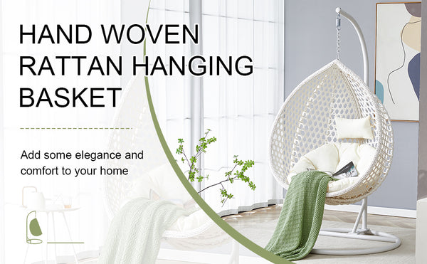 English Elm 76.8-inch Hand Woven Rattan Egg Swing Chair Indoor Outdoor with Cushion Lumbar Pillow White W1512P498593