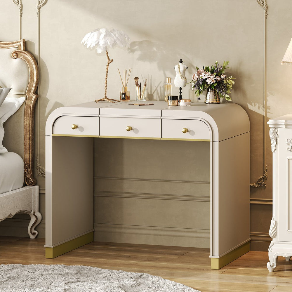English Elm Classic Flip Top Vanity Desk with Gold Accents 2 Drawer Retro Bedroom Dressing Table Champagne N704P381406C