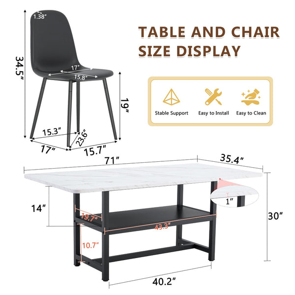 English Elm Table And Chair Set - Modern 71" White Grain Dining Table With Storage & 6 Black Pu Upholstered Chairs W1151S04265-GIGA
