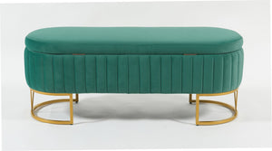 English Elm Oval Velvet Storage Bench with Metal Legs — Luxurious Upholstered Ottoman with Lift-Top Storage, 300lb Capacity, Modern Decorative Seating Green T3903P372933