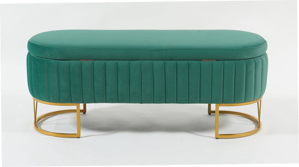 English Elm Oval Velvet Storage Bench with Metal Legs — Luxurious Upholstered Ottoman with Lift-Top Storage, 300lb Capacity, Modern Decorative Seating Green T3903P372933