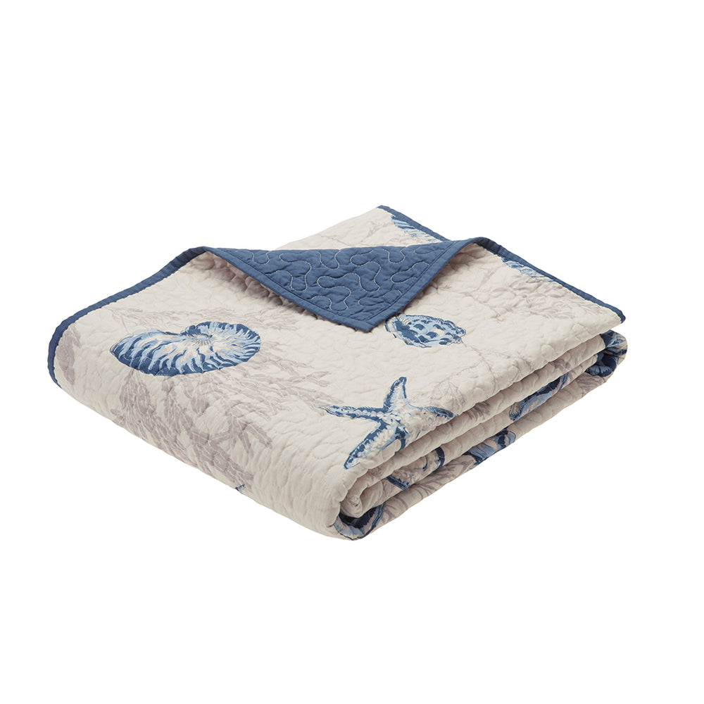 JLA Home Madison Park - Oversized Coastal Seashell Quilted Microfiber Throw — Plush Overfilled, Reversible Blue-Taupe Design MP50-1970