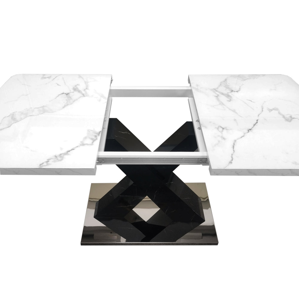 English Elm Modern Rectangle Dining Table - Stretchable White Marble Top With Black X-Leg Design For Stylish Dining W757P242764