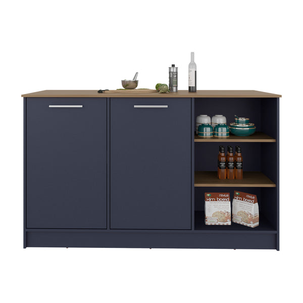 English Elm Kitchen Island Alby Blue & Natural Oak with 2 Doors, 6 Shelves for Compact Kitchens and Prep Space Blue Multi 63.78 L x 31.1 W x 3.54 H B097S00221