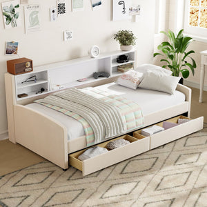 English Elm Twin Velvet Upholstered Platform Bed with Plush Headboard, Underbed Drawers & Hidden Cabinet Storage Beige SF000183AAA