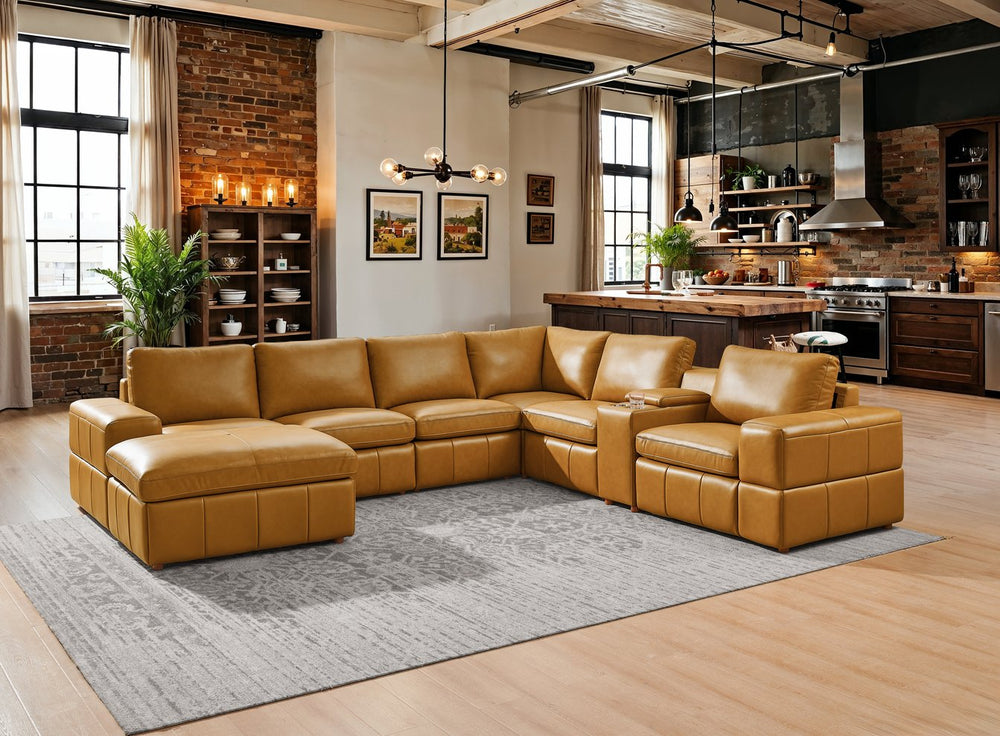 English Elm Premium Leather Match Sectional with Dual Recliners Square Arms and Console Storage Ginger B2748S00133