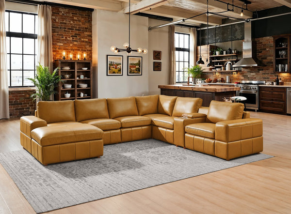 English Elm Premium Leather Match Sectional with Dual Recliners Square Arms and Console Storage Ginger B2748S00133