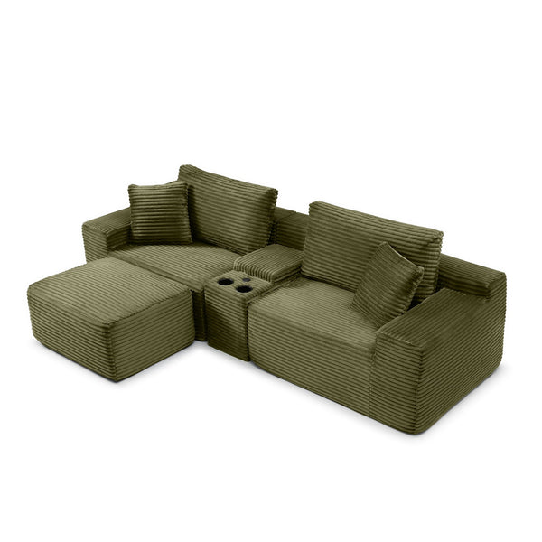 English Elm Modular Cloud Sectional Sofa with Corduroy Deep Seating Usb Ports and Storage Ottoman Green W1117S00361