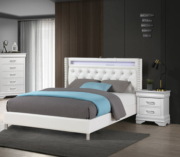 English Elm Modern Tufted Queen Platform Bed Faux Leather Led Headboard with Built-in Charging Port B011S02071