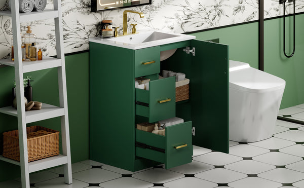 English Elm 24" Modern Bathroom Vanity with Under-Mount Sink, Vertical Stripe Design, 2 Drawers & Soft-Close Cabinet Green N710P288936F
