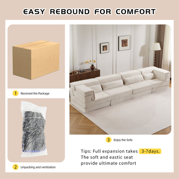 English Elm Compression Modular Sofa Bed - Soft Fleece 4-Seater, Versatile, No-Assembly, Memory Foam Comfort W3723S00031